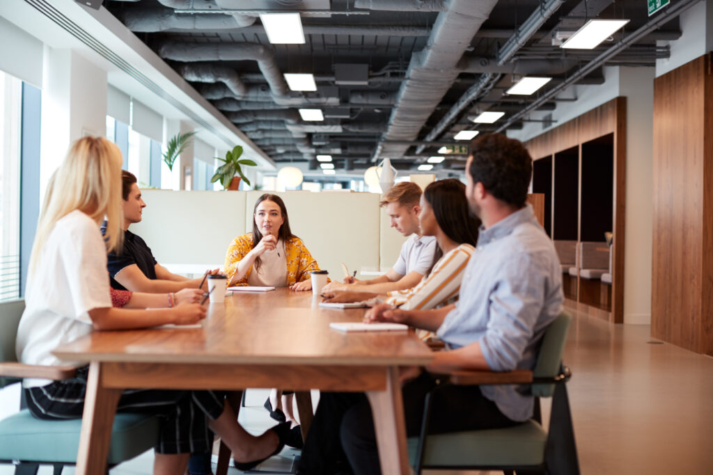 group of young entry level employees in a meeting